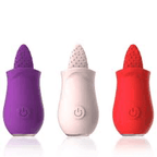 Pleasant Tongue Vibrating Massager in purple, white, and red, showcasing soft tips for varied sensations.