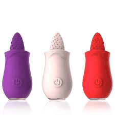 Pleasant Tongue Vibrating Massager in purple, white, and red, showcasing soft tips for varied sensations.