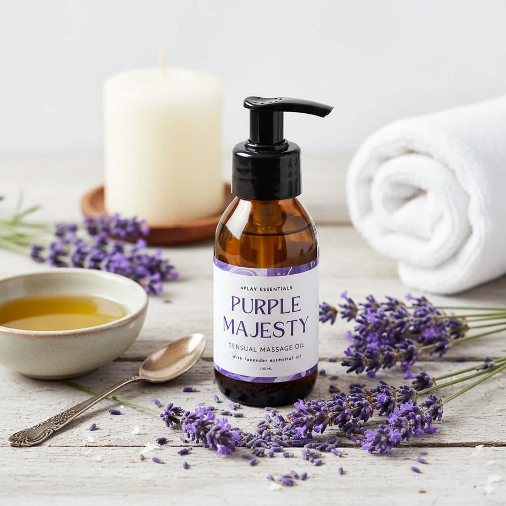 4play Sensual Massage Oil 100ml with lavender, candle, and soothing elements for a relaxing massage experience.