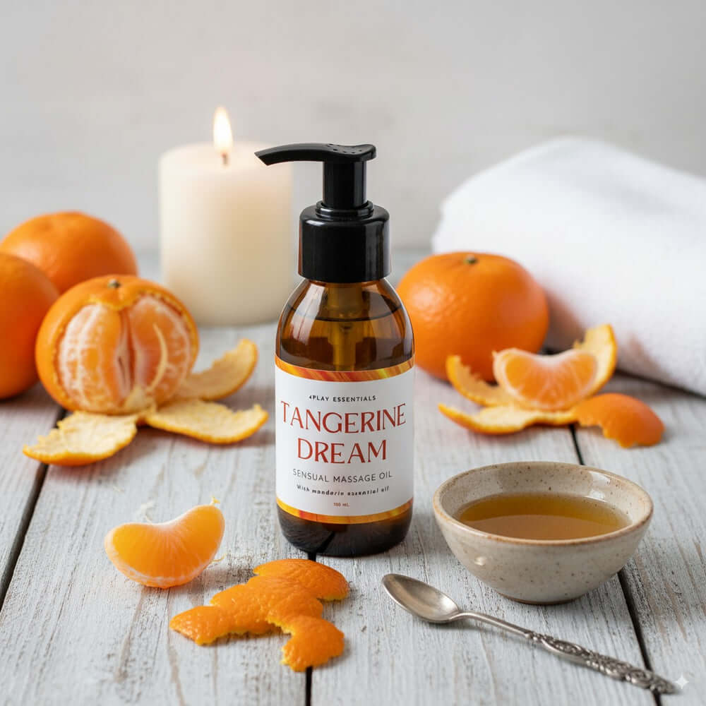 4play Sensual Massage Oil 100ml with tangerines and candle for a relaxing experience.
