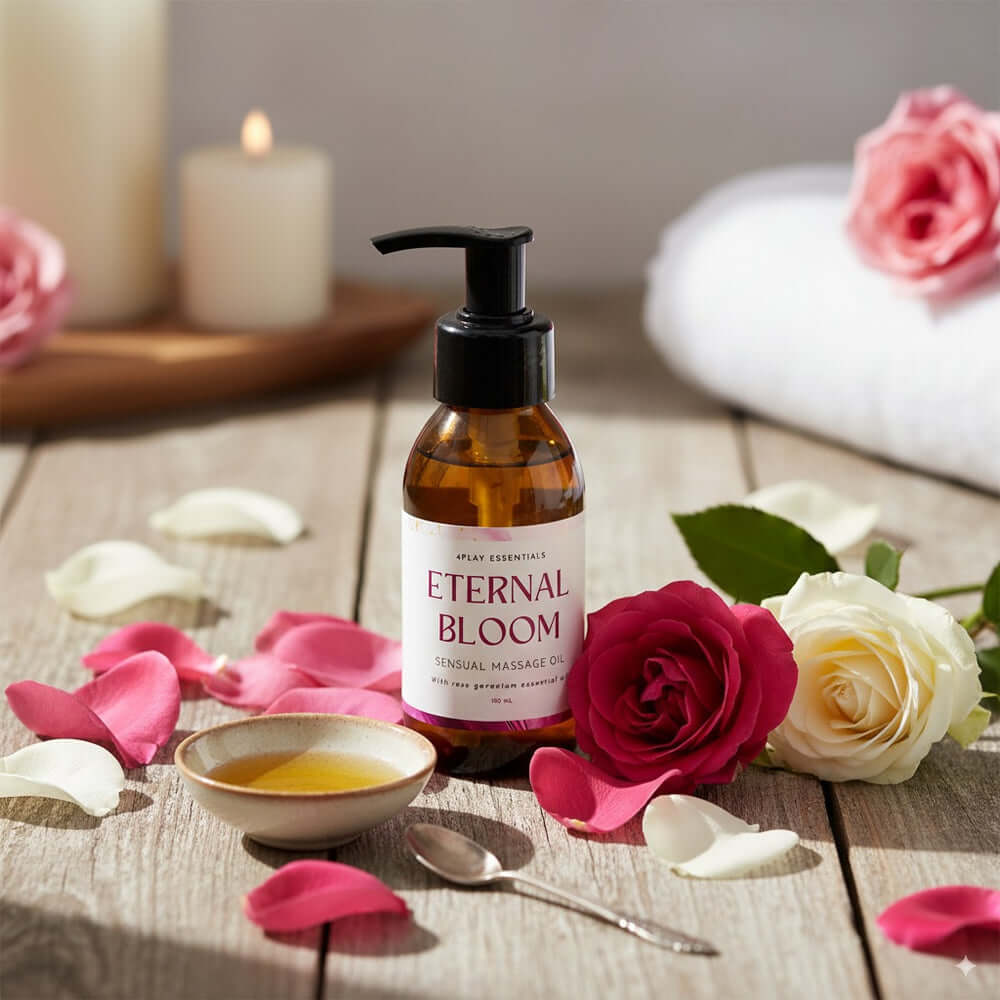 4play Sensual Massage Oil 100ml bottle surrounded by petals and candles, creating a romantic atmosphere.