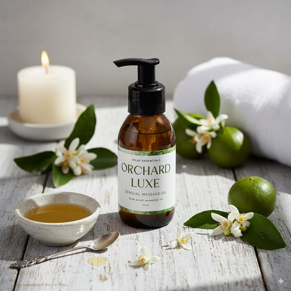 4play Sensual Massage Oil 100ml in an elegant setting with citrus and floral accents.