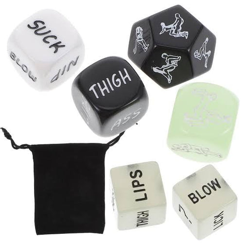 Set of dice for couples to deepen intimacy on a black pouch on a white background.