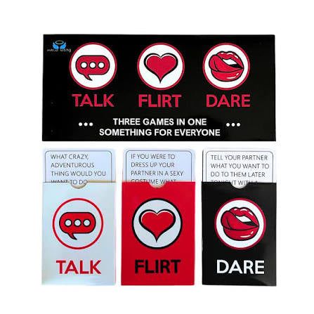 Card game packaging with 'Talk', 'Flirt', and 'Dare' cards on a white background