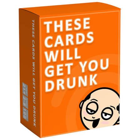 Orange card game box with text 'These cards will get you drunk' and a cartoon face on a white background