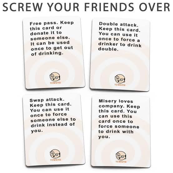 Four cards from a drinking game with text and icons on a white background